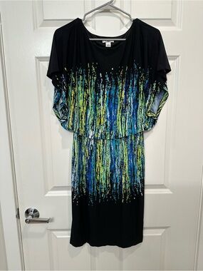 Cato Black Dress with Blue, Green & Yellow Drip Print